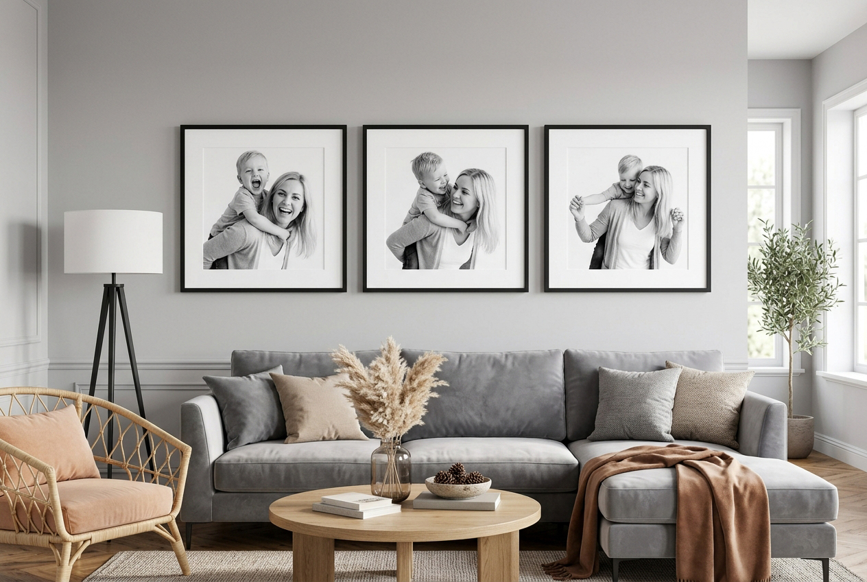 Conjunto de tres retratos individuales colgados en pared